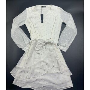 Krisa @ Revolve V-Neck‎ Surplice Layered Mini Dress in Ivory/Gold Size XS